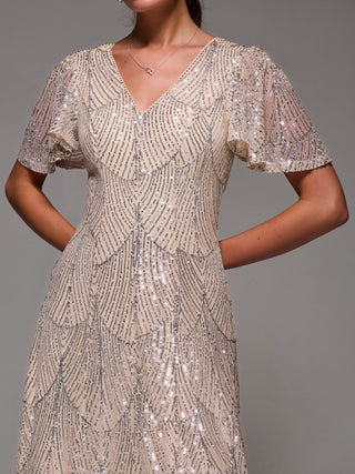 Sequin Angel Sleeve Fit & Flare Midaxi Dress, Beige Silver