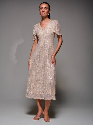 Sequin Angel Sleeve Fit & Flare Midaxi Dress, Beige Silver