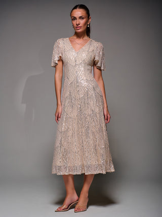 Sequin Angel Sleeve Fit & Flare Midaxi Dress, Beige Silver