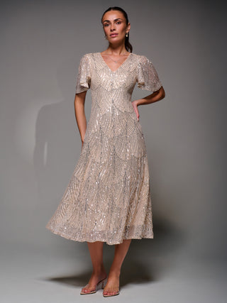 Sequin Angel Sleeve Fit & Flare Midaxi Dress, Beige Silver