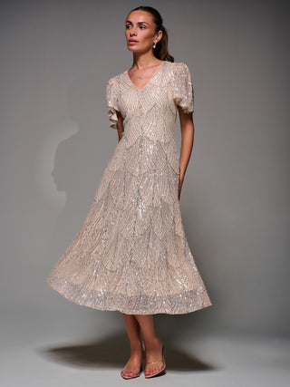 Sequin Angel Sleeve Fit & Flare Midaxi Dress, Beige Silver