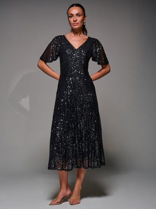 Sequin Angel Sleeve Fit & Flare Midaxi Dress, Black Metallic