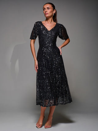 Sequin Angel Sleeve Fit & Flare Midaxi Dress, Black Metallic