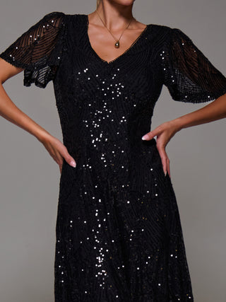 Sequin Angel Sleeve Fit & Flare Midaxi Dress, Black