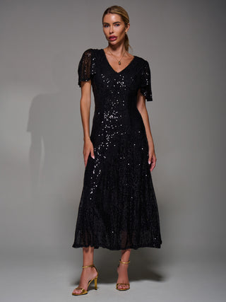Sequin Angel Sleeve Fit & Flare Midaxi Dress, Black