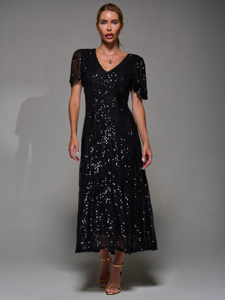 Sequin Angel Sleeve Fit & Flare Midaxi Dress, Black