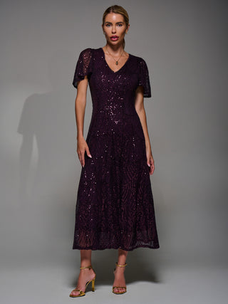 Sequin Angel Sleeve Fit & Flare Midaxi Dress, Dark Burgundy