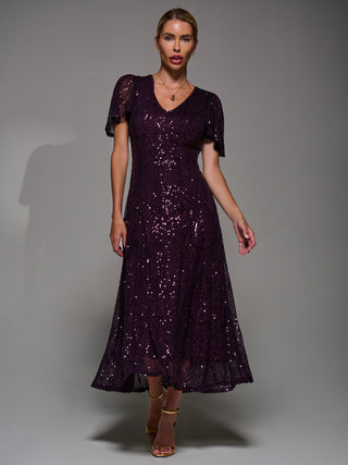 Sequin Angel Sleeve Fit & Flare Midaxi Dress, Dark Burgundy