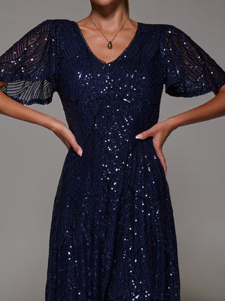 Sequin Angel Sleeve Fit & Flare Midaxi Dress, Navy