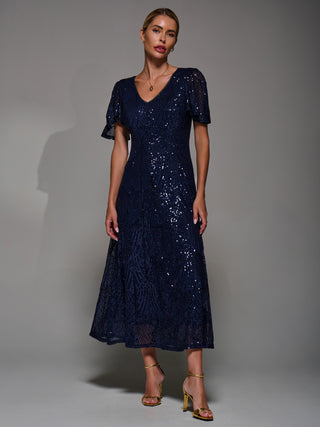 Sequin Angel Sleeve Fit & Flare Midaxi Dress, Navy