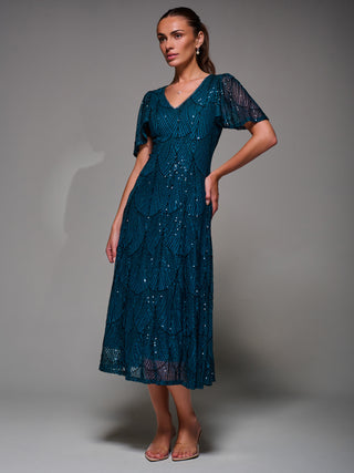 Sequin Angel Sleeve Fit & Flare Midaxi Dress, Teal Jolie Moi Wholesale Sequin Angel Sleeve Fit & Flare Midaxi Dress, Teal Jolie Moi Wholesale
