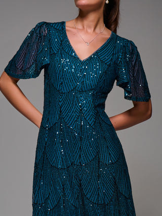 Sequin Angel Sleeve Fit & Flare Midaxi Dress, Teal