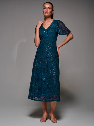 Sequin Angel Sleeve Fit & Flare Midaxi Dress, Teal