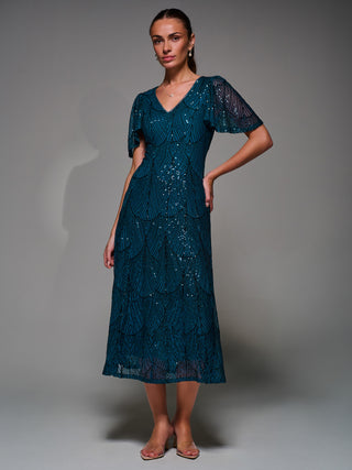 Sequin Angel Sleeve Fit & Flare Midaxi Dress, Teal