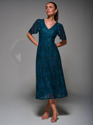 Sequin Angel Sleeve Fit & Flare Midaxi Dress, Teal