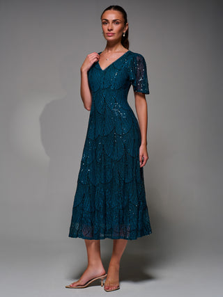 Sequin Angel Sleeve Fit & Flare Midaxi Dress, Teal