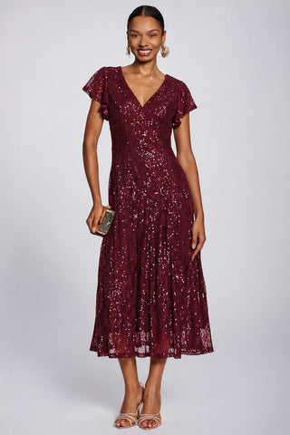 Sequin V-Neck Fit & Flare Maxi Dress, Burgundy