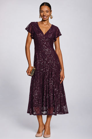 Sequin V-Neck Fit & Flare Maxi Dress, Deep Plum