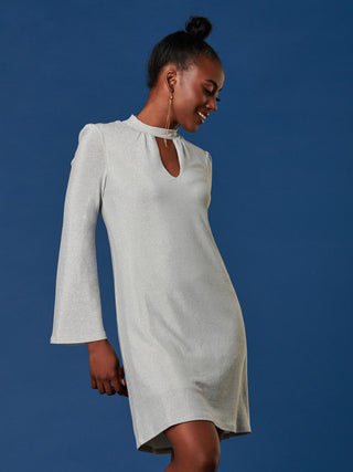 Jolie Moi Metallic Keyhole Detail Tunic Dress in Silver, side detail shot