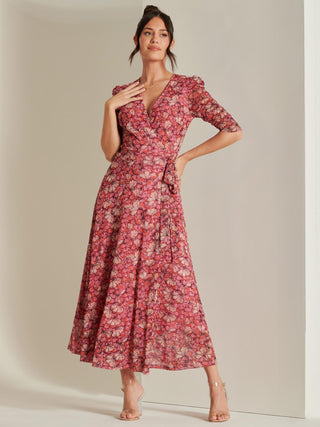 Daliyah Wrap Front Mesh Maxi Dress, Pink Multi
