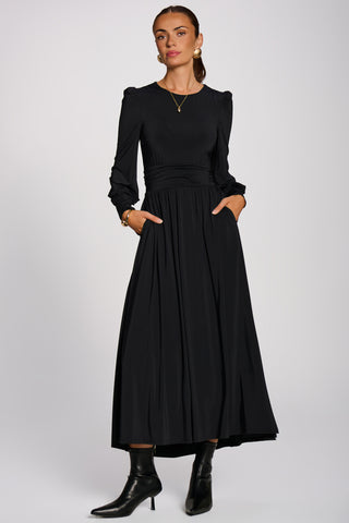 Long Sleeve Sheen Jersey Maxi Dress, Black