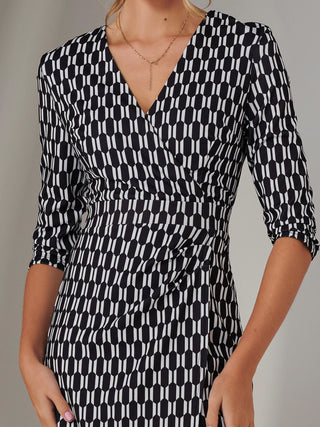 3/4 Sleeve Wrap Shift Dress, Black Geo