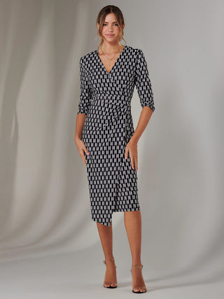 3/4 Sleeve Wrap Shift Dress, Black Geo