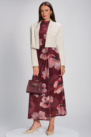 High Neck Long Sleeve Mesh Maxi Dress, Burgundy Floral