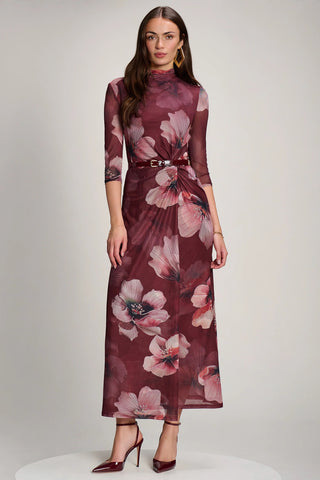 High Neck Long Sleeve Mesh Maxi Dress, Burgundy Floral