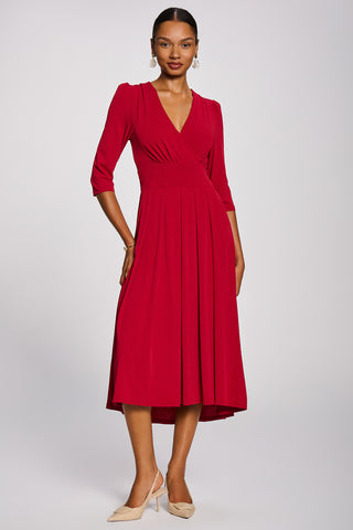3/4 Sleeve Sheen Jersey Midi Dress, Red