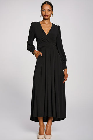Long Sleeve V-Neck Jersey Maxi Dress, Black