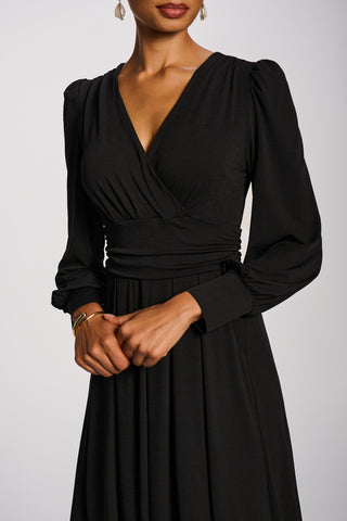 Long Sleeve V-Neck Jersey Maxi Dress, Black
