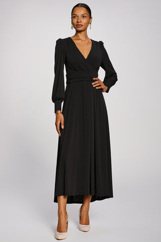 Long Sleeve V-Neck Jersey Maxi Dress, Black