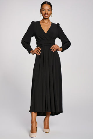 Long Sleeve V-Neck Jersey Maxi Dress, Black