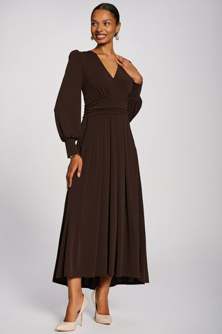 Long Sleeve V-Neck Jersey Maxi Dress, Brown