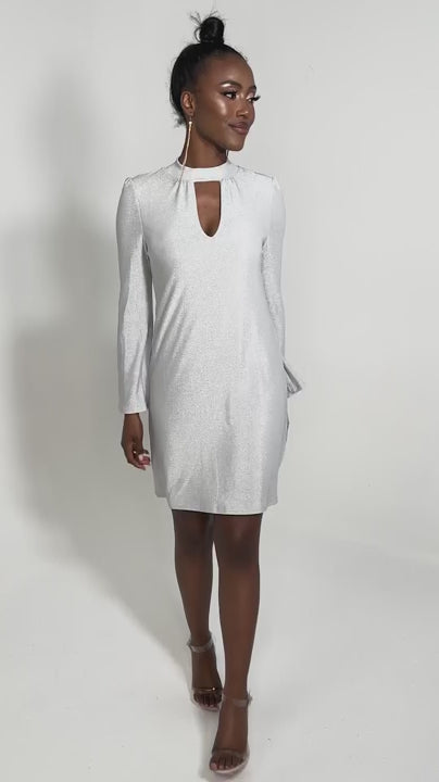 Jolie Moi Metallic Keyhole Detail Tunic Dress in Silver, product video