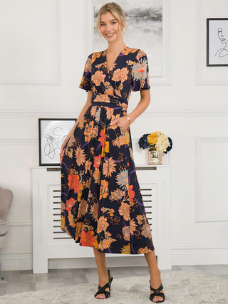 Sherya Jersey Angel Sleeve Maxi Dress, Navy Orange Floral