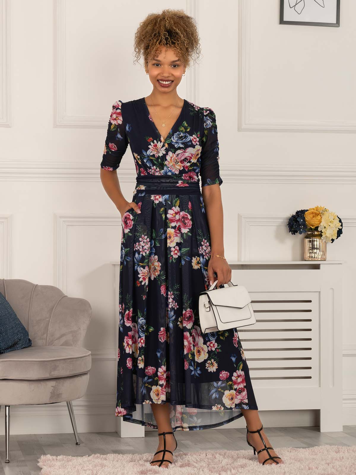 Haizley Floral Print Mesh Maxi Dress, Navy  Jolie Moi Wholesale
