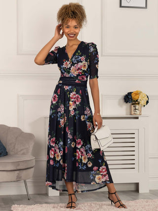bishop sleeve floral mesh maxi dress in navy multi bishop sleeve floral mesh maxi dress in navy multi Navy Floral Printed Bishop Sleeves Ethnic A-Line Maxi Dress Gulab Chand Trends
