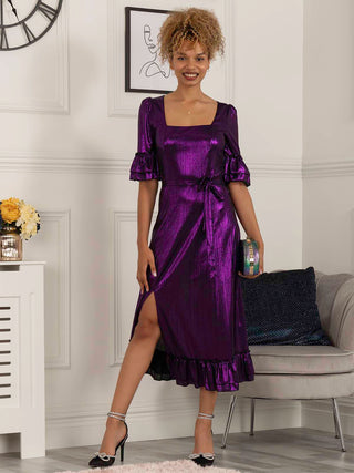 Jolie Moi Janice Square Neck Frill Midi Dress, Dark Purple