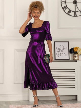 Jolie Moi Janice Square Neck Frill Midi Dress, Dark Purple