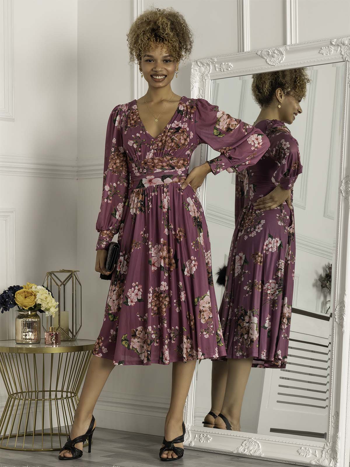 Phoebe Long Sleeve Mesh Dress, Mauve Purple