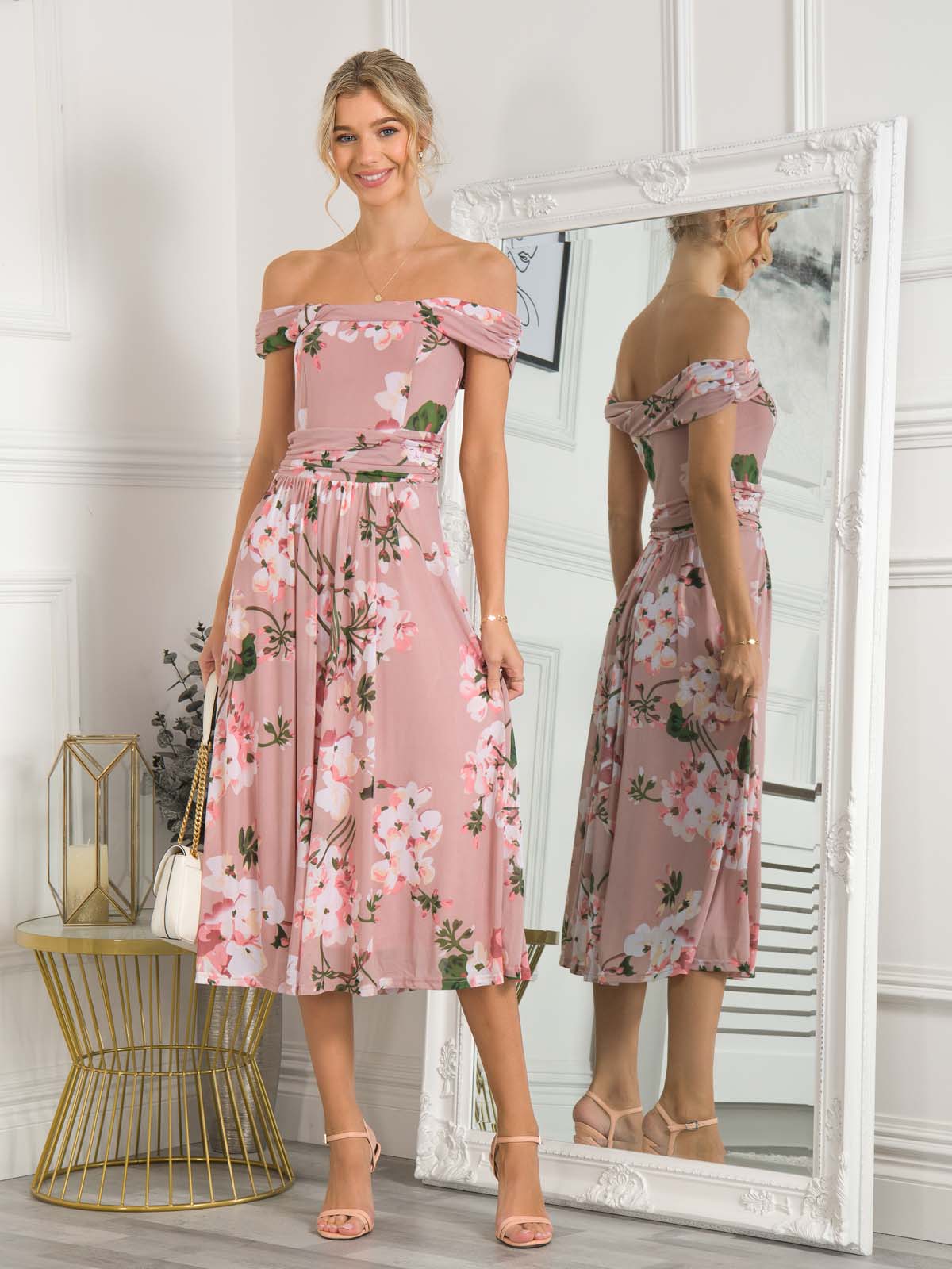 midi dress, off shoulder midi dress, floral midi dress, wedding guest dress, wedding guest, pink floral midi dress, summer dress uk, midi dress uk, floral midi dresses for women, mesh midi dress, mesh wedding guest dress, floral print mesh dress