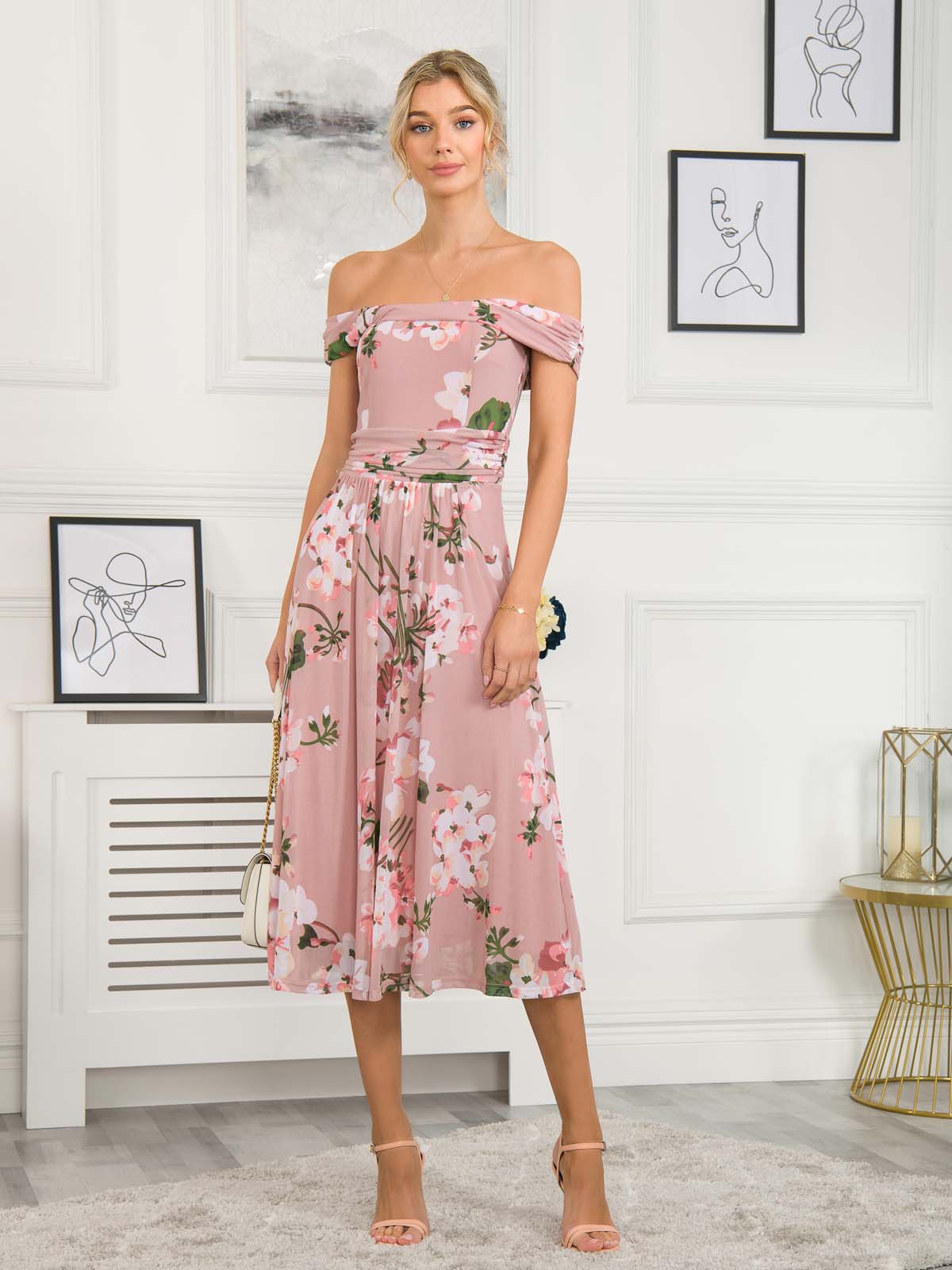 midi dress, off shoulder midi dress, floral midi dress, wedding guest dress, wedding guest, pink floral midi dress, summer dress uk, midi dress uk, floral midi dresses for women, mesh midi dress, mesh wedding guest dress, floral print mesh dress