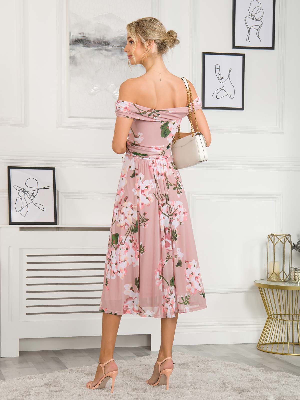 midi dress, off shoulder midi dress, floral midi dress, wedding guest dress, wedding guest, pink floral midi dress, summer dress uk, midi dress uk, floral midi dresses for women, mesh midi dress, mesh wedding guest dress, floral print mesh dress